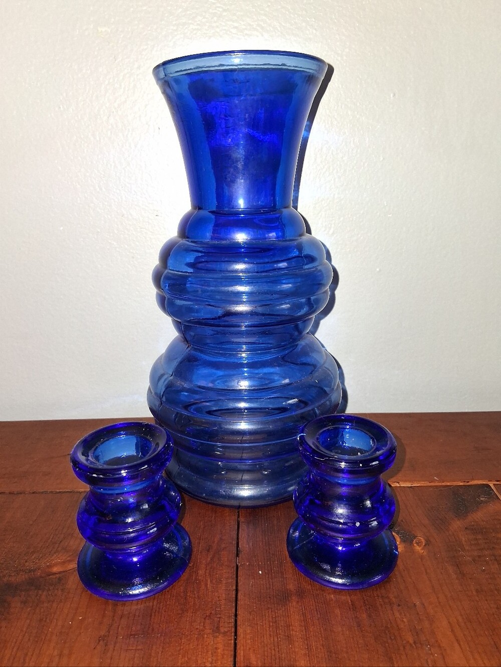Vintage Cobalt Blue Glass Set Candle Holders and Vase